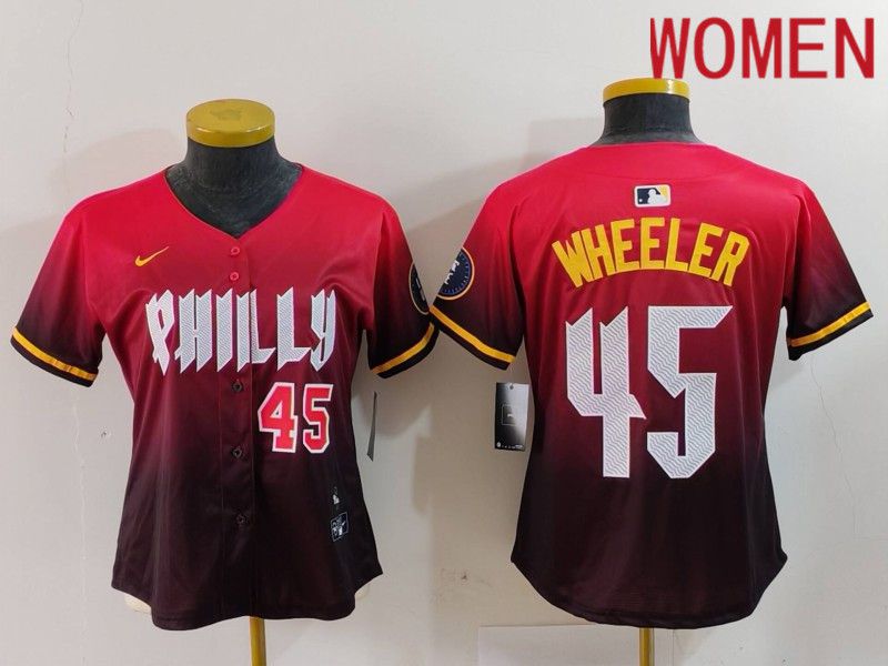 Women Philadelphia Phillies #45 Wheeler Red City Edition 2024 Nike MLB Jersey style 3->women mlb jersey->Women Jersey